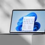 Windows 11 laptop on a pedestal