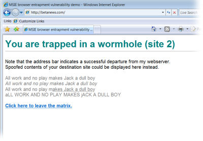 Screenshot of Zalewski 'onunload' event test page in IE7 / Vista