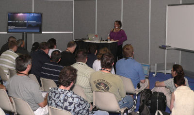 Microsoft Web standards evangelist Molly Holzschlag tries convincing the crowd to adopt CSS.