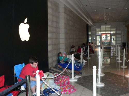 The beginning of the iPhone line at about 8:30 am, at the Apple Store in Keystone at the Crossing Mall in Indianapolis.