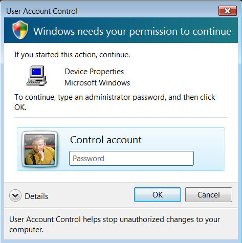 The User Account Control "over-the-shoulder" elevation prompt in Windows Vista. The User Account Control "over-the-shoulder" elevation prompt in Windows Vista.