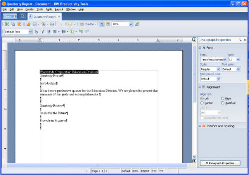 Screenshot from an early beta of Lotus Symphony Documents
