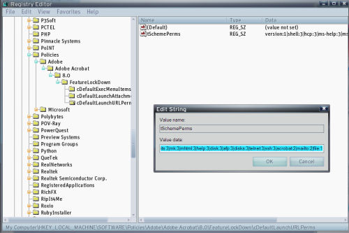 Registry Editor showing the spot where Adobe suggests Acrobat/PDF users make edits Registry Editor showing the spot where Adobe suggests Acrobat/PDF users make edits