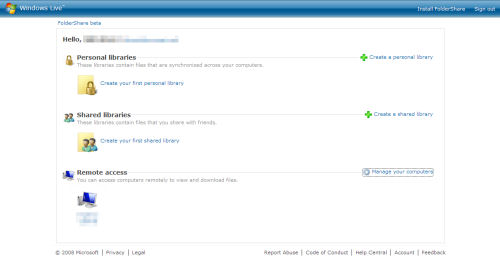 The completely revised home panel of Microsoft FolderShare, here projected by Firefox 2.0.0.12. The completely revised home panel of Microsoft FolderShare, here projected by Firefox 2.0.0.12.