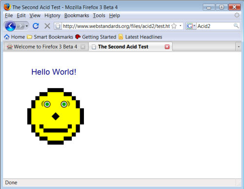 Firefox 3.0 Beta 4 passing the Acid2 test with all smiles. Firefox 3.0 Beta 4 passing the Acid2 test with all smiles.