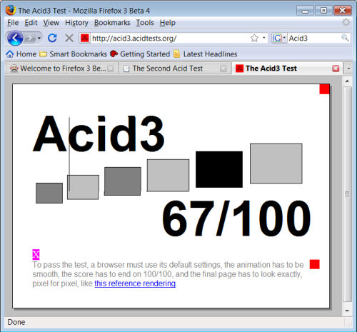 Firefox 3.0 Beta 4 doing better on the Acid3 test, though with a ways to go. Firefox 3.0 Beta 4 doing better on the Acid3 test, though with a ways to go.
