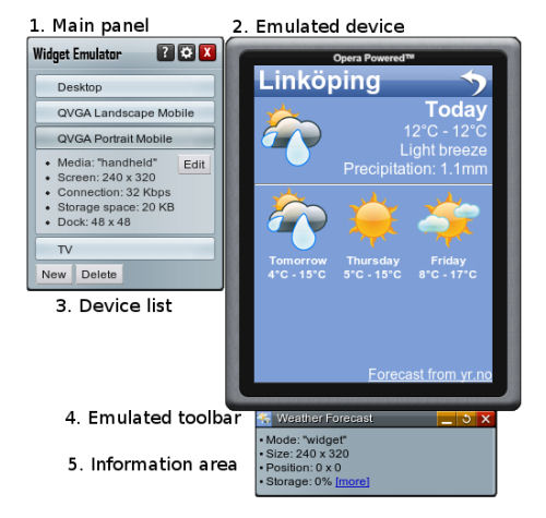 Opera's Widgets SDK shown here with a sandbox console simulating a mobile device. (Courtesy Opera) Opera's Widgets SDK shown here with a sandbox console simulating a mobile device. (Courtesy Opera)