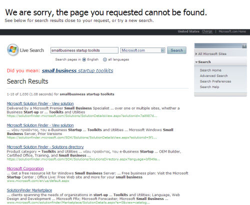A response from one of Microsoft's hosted Web pages to an intentionally mangled URL, redirecting the user to Live Search.