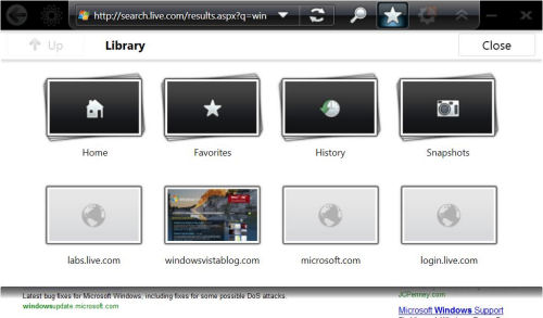 A screen shot from the vastly rethought Internet Explorer 7.0 for UMPCs - part of the Origami Experience 2.0.  [Courtesy Microsoft]