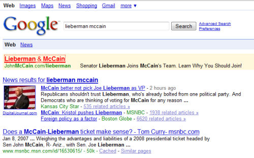 Google ad appearing to show McCain   Lieberman choice