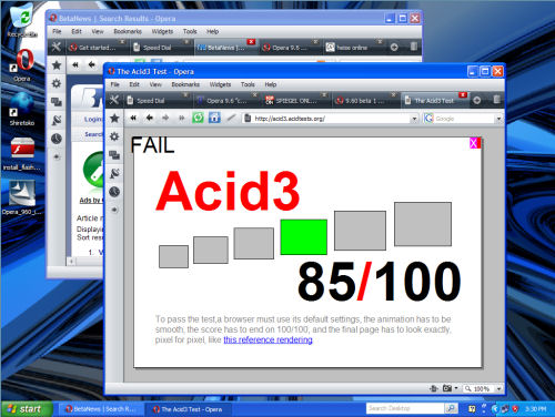 Opera 9.6 beta 1, with tabs that can be dragged between windows, and with a higher rendering test score.