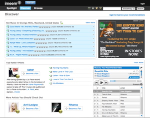 Imeem's "Discover" page