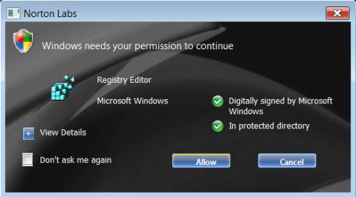 The replacement UAC prompt provided by Norton Labs' UAC Tool. The replacement UAC prompt provided by Norton Labs' UAC Tool.