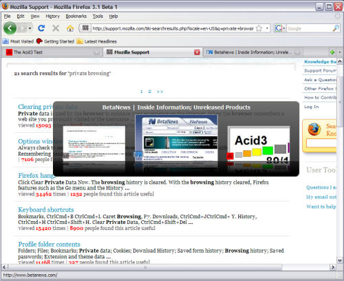 The new Ctrl Tab feature in Firefox 3.1 offers a preview of other tabs' content.