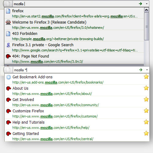 Here, an asterisk typed into Firefox 3.1's address bar limits results to items from individual sources, such as the URL buffer or -- in this case -- the Bookmarks list.