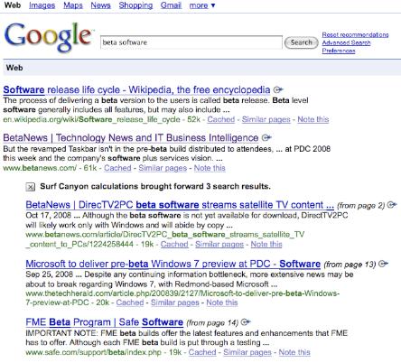 Google SurfCanyon screenshot