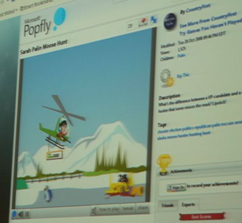 A Microsoft Popfly game called 'Sarah Palin Moose Hunt,' shown running on Firefox for Linux via Moonlight. A Microsoft Popfly game called 'Sarah Palin Moose Hunt,' shown running on Firefox for Linux via Moonlight.