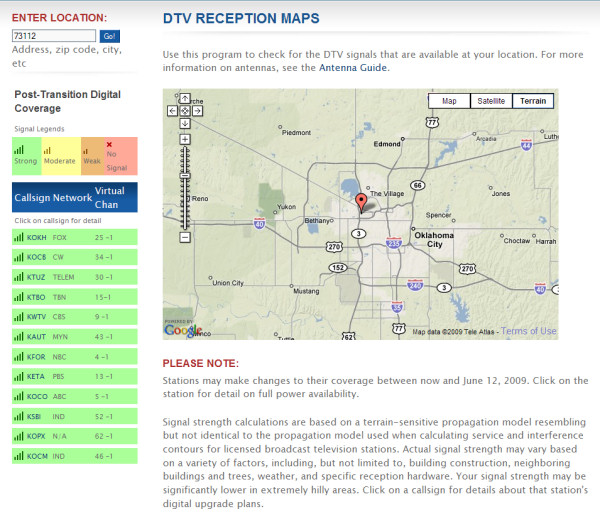 An example of the FCC's DTV reception map service, showing receptivity in the area of Oklahoma City.