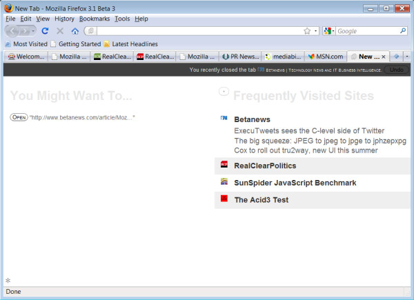Another angle of Mozilla Labs' New Tab functionality experiment for Firefox 3.1.