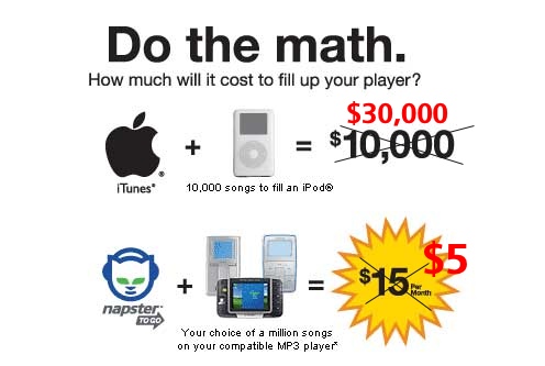 Napster's 2005 "Do The Math" campaign updated for 2009. Napster's 2005 "Do The Math" campaign updated for 2009.