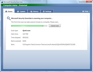Microsoft Security Essentials in its initial scan for malware