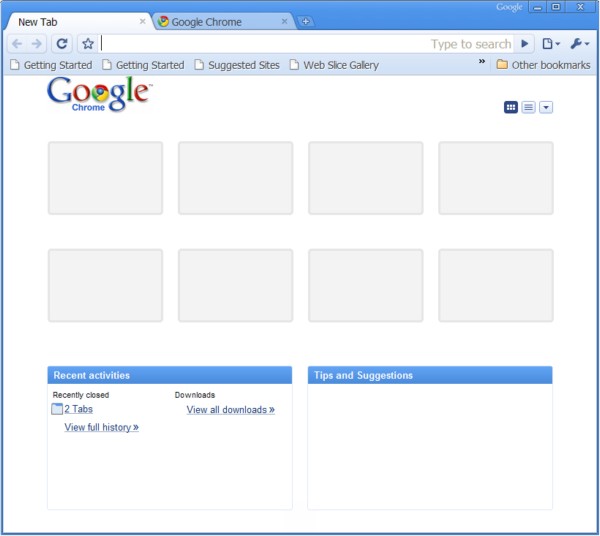 A revised layout for the 'New Tab' page in the latest Google Chrome 3 beta, build 3.0.192.1