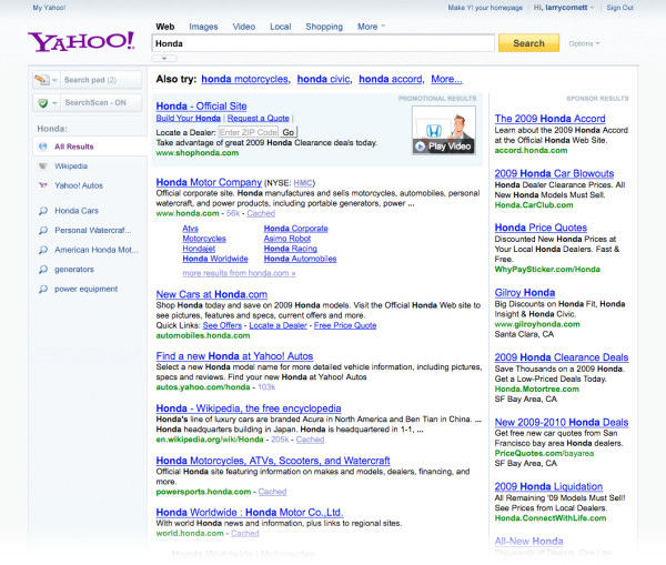 The forthcoming left column in Yahoo search gives users options depending on the contexts of the results.
