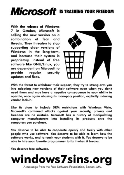 The 'Windows 7 Sins' flyer being distributed by the Free Software Foundation.