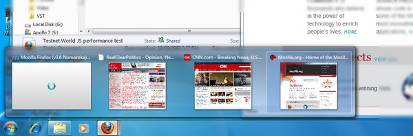 The improved Windows 7 taskbar integration in Mozilla Firefox 3.6 Beta 1.