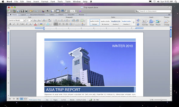 Microsoft's screenshot of an early build of Office 2011 for Mac, now featuring the ribbon.  [Courtesy Microsoft.]