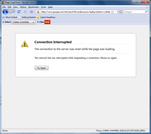 Searches through Google's HK page are apparently blocked by China's ISPs.